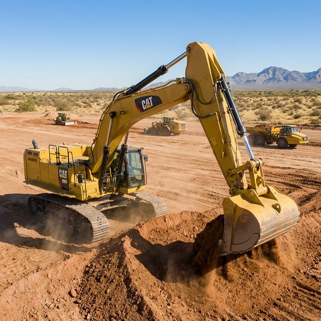Massive Caterpillar excavator performing precision earthworks grading