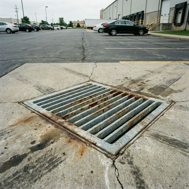 Heavy-duty commercial stormwater drywell grate in parking lot